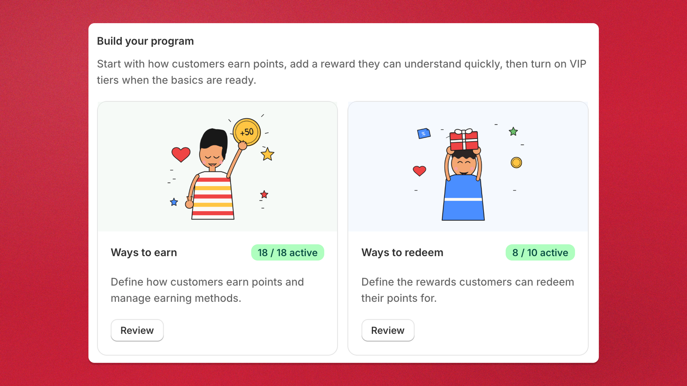 Build your loyalty program in Charm — the Ways to earn and Ways to redeem panels