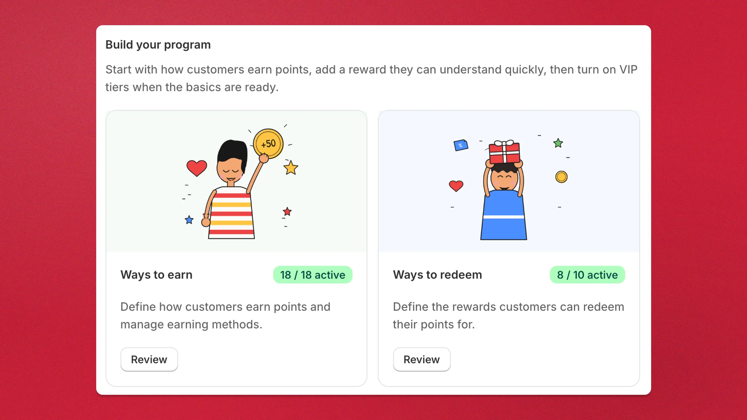 Build your loyalty program in Charm — the Ways to earn and Ways to redeem panels