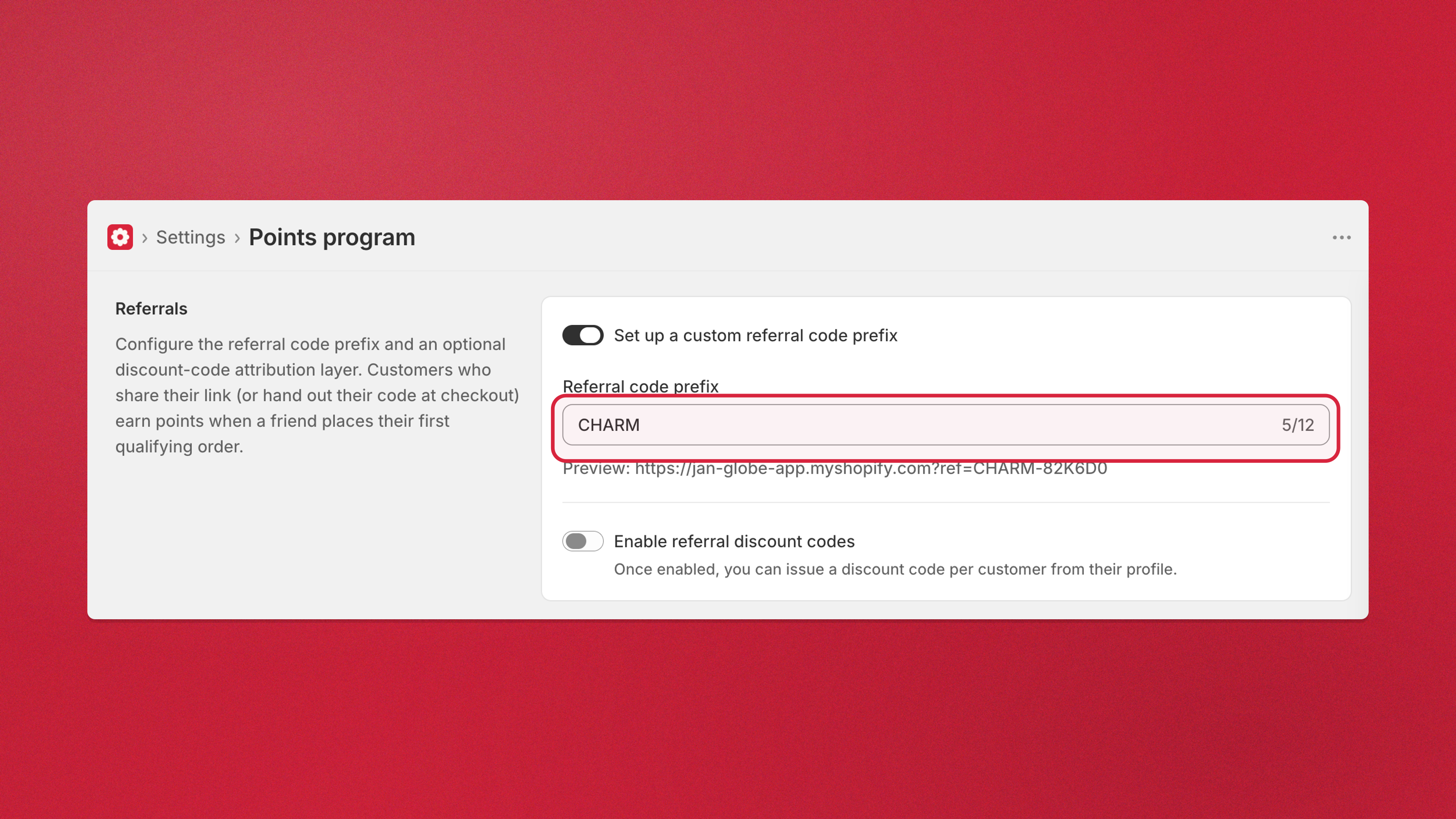 Set a custom referral code prefix in Charm — Settings → Points Program → Referrals, with the prefix field highlighted