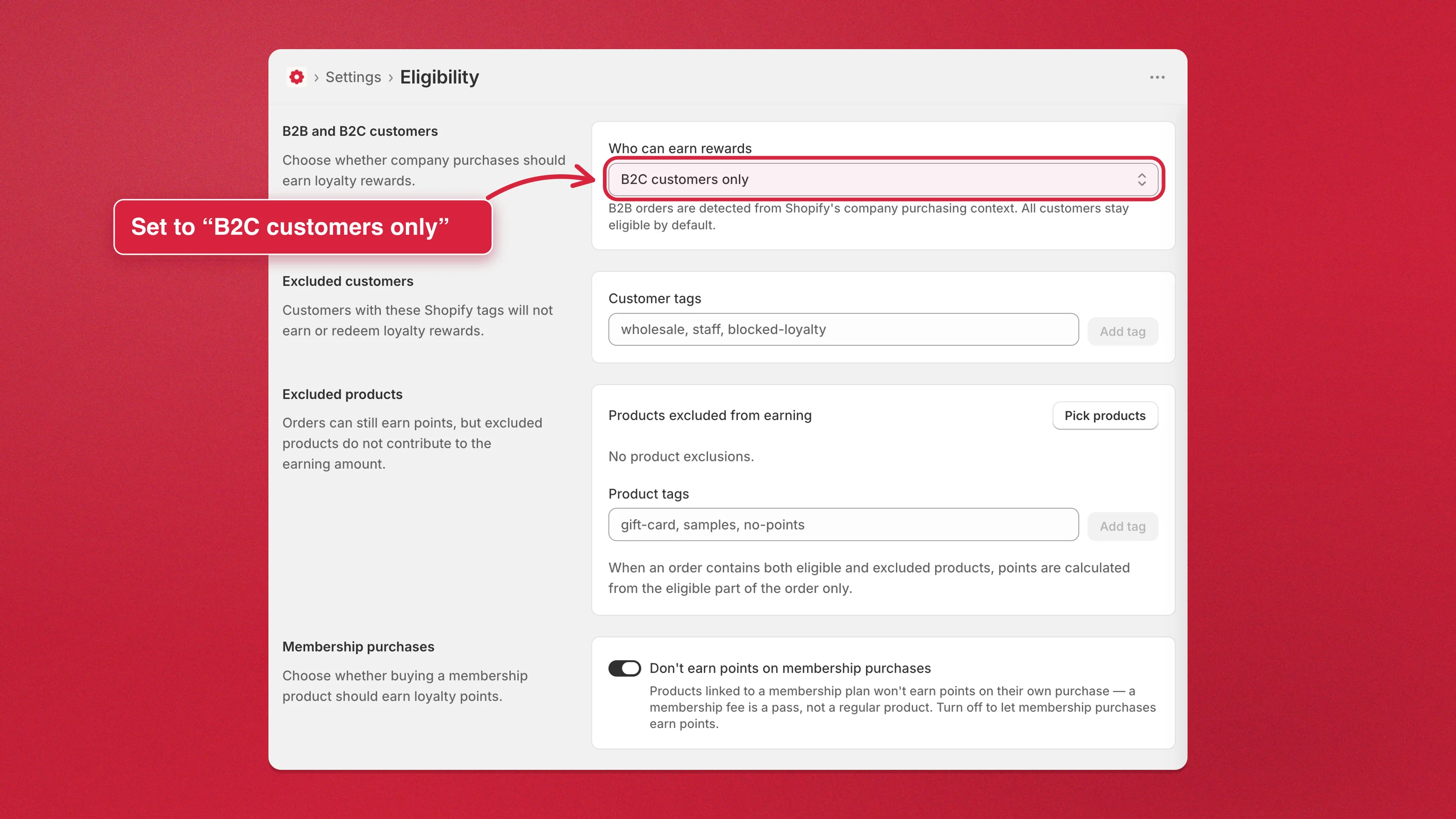 How to exclude B2B and wholesale customers from earning rewards in Charm