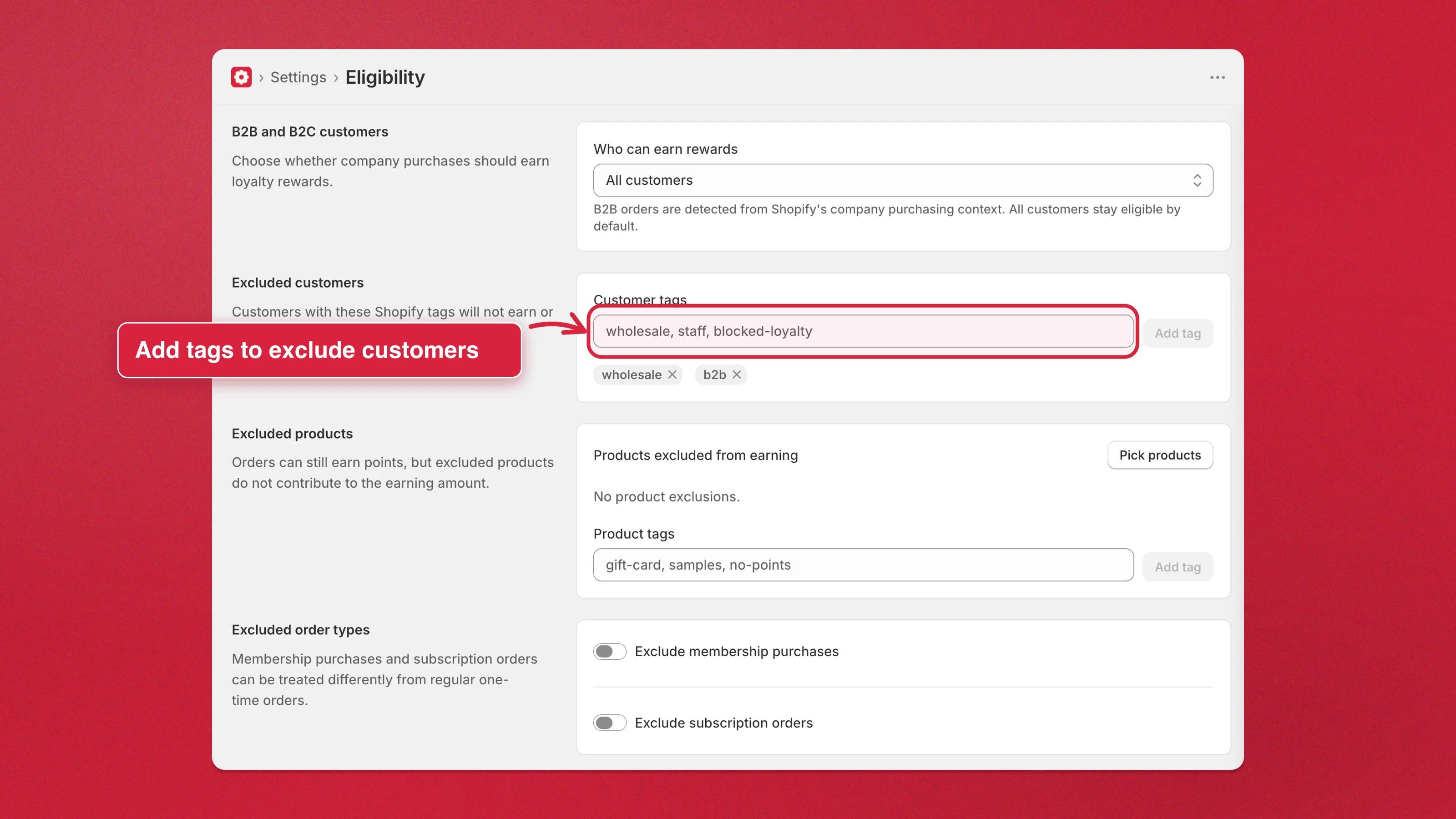 How to exclude specific customers from earning by Shopify tag in Charm