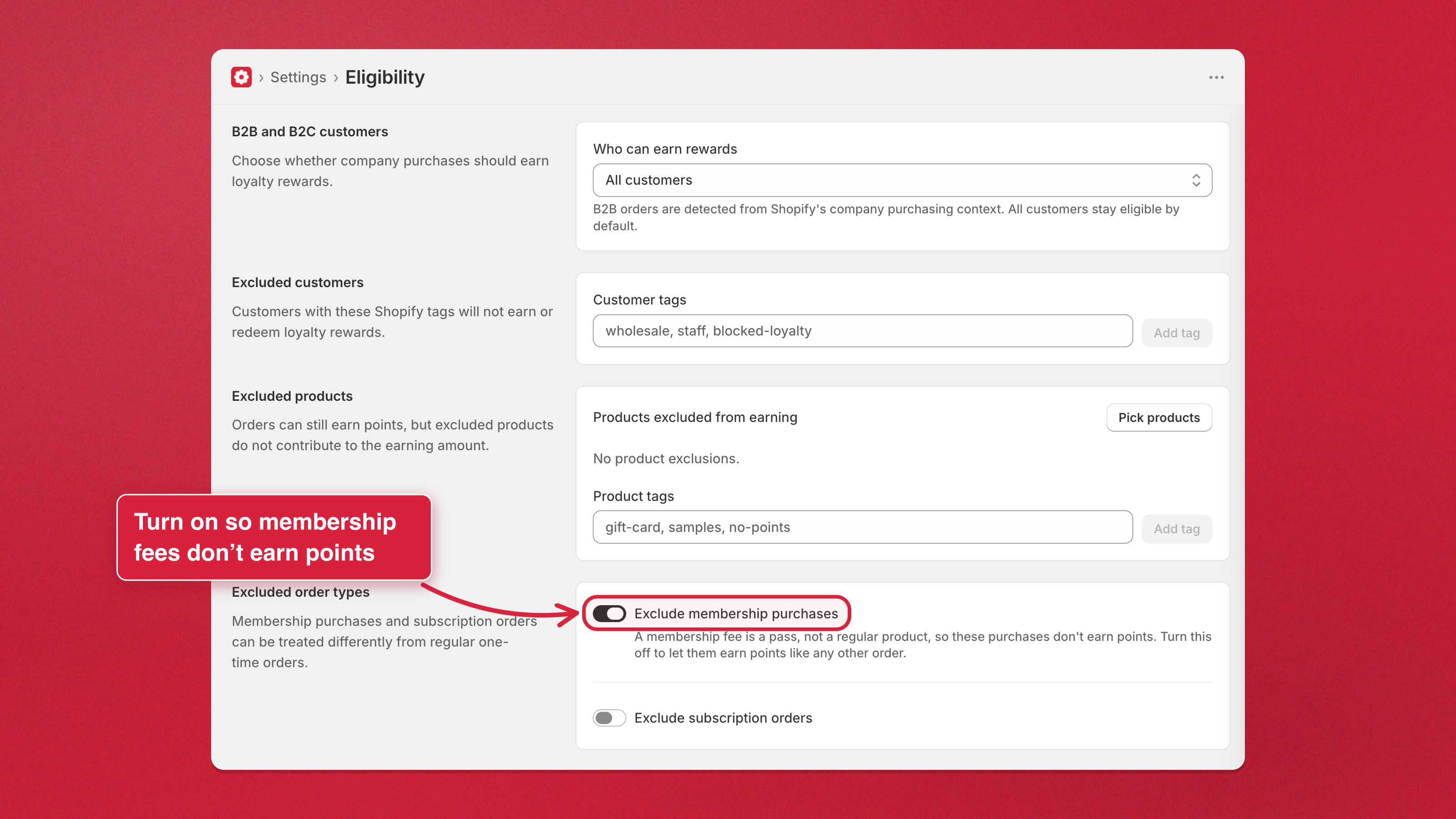 How to stop membership purchases from earning loyalty points in Charm