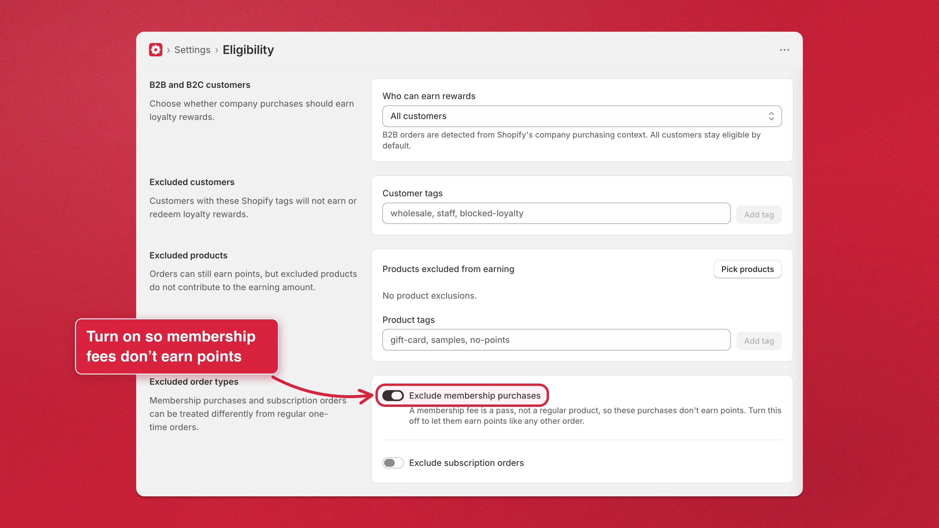 How to stop membership purchases from earning loyalty points in Charm