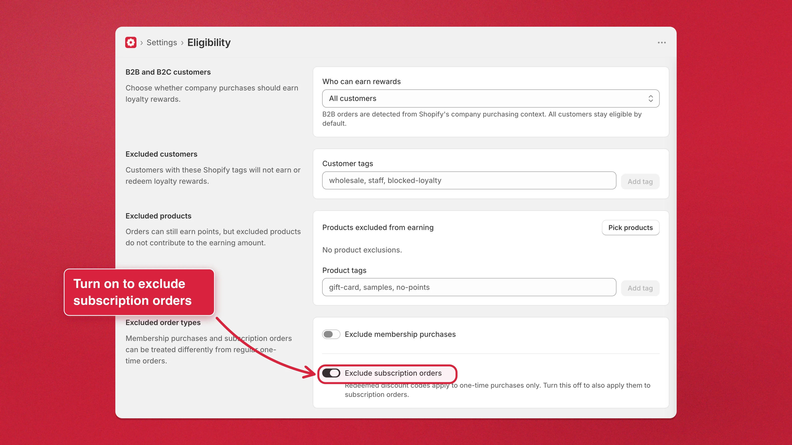 How to exclude subscription orders from loyalty rewards in Charm