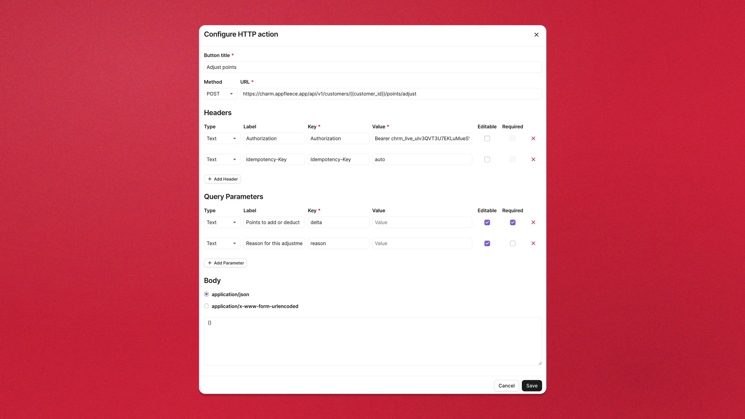 The Configure HTTP action dialog for Adjust points — two fixed headers, and delta and reason as editable query parameters