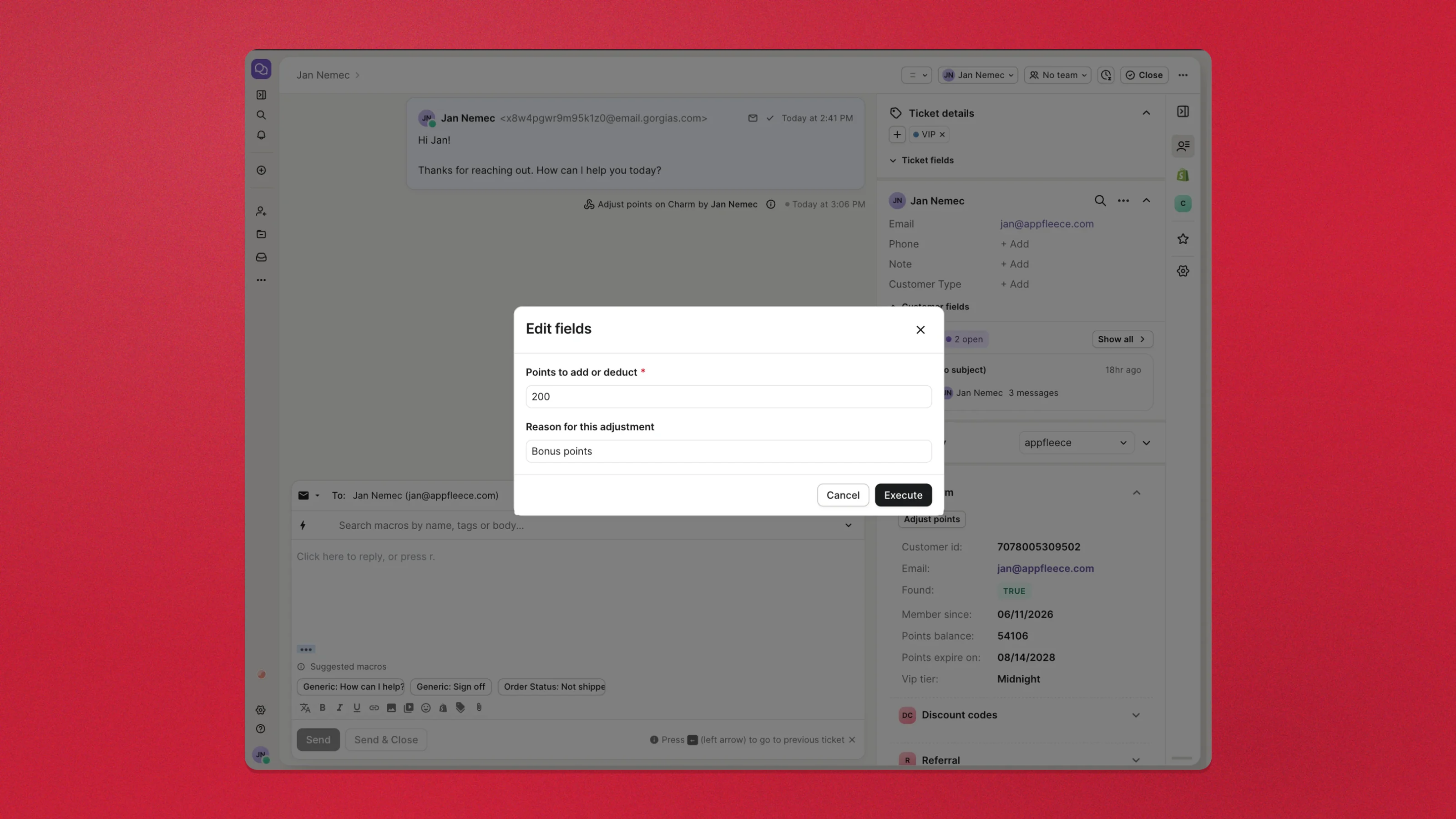 The Edit fields dialog an agent sees — Points to add or deduct set to 200, Reason for this adjustment set to Bonus points
