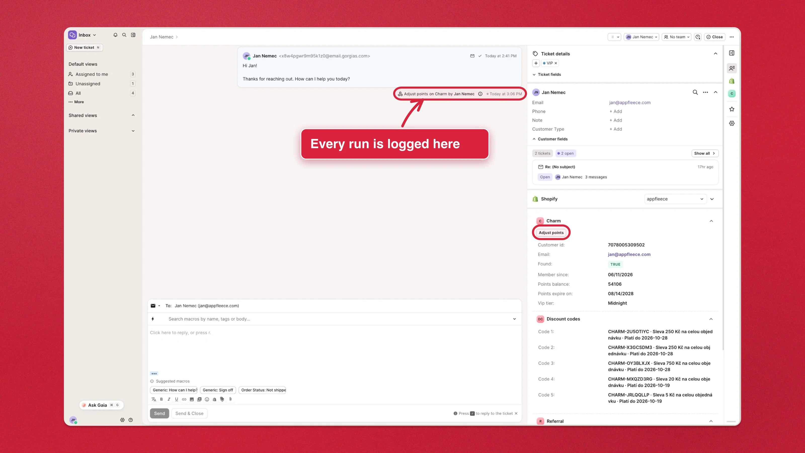 A Gorgias ticket after running Adjust points — the button on the Charm widget and the logged action in the conversation