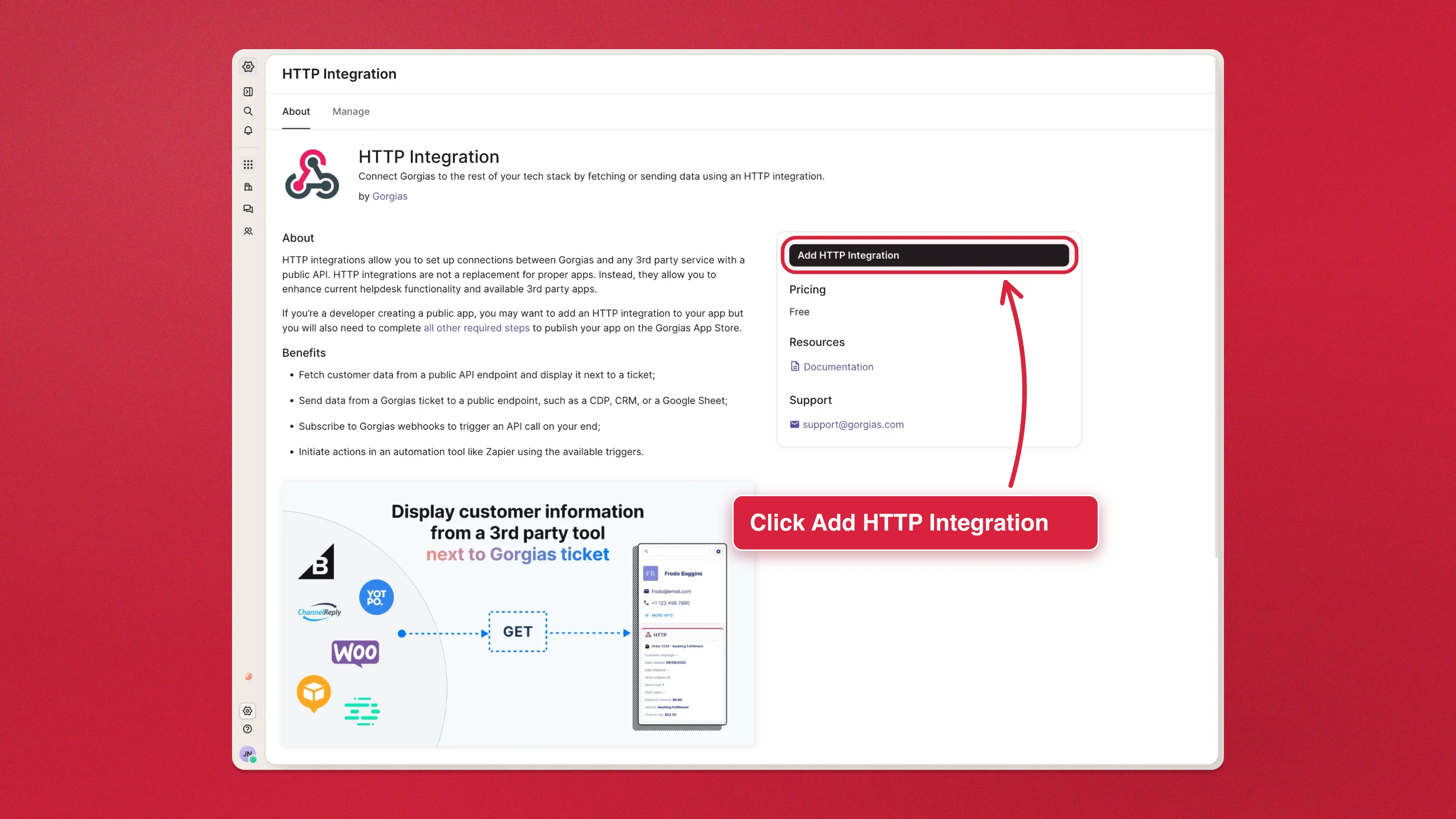 The HTTP Integration page in Gorgias settings, with the Add HTTP Integration button highlighted
