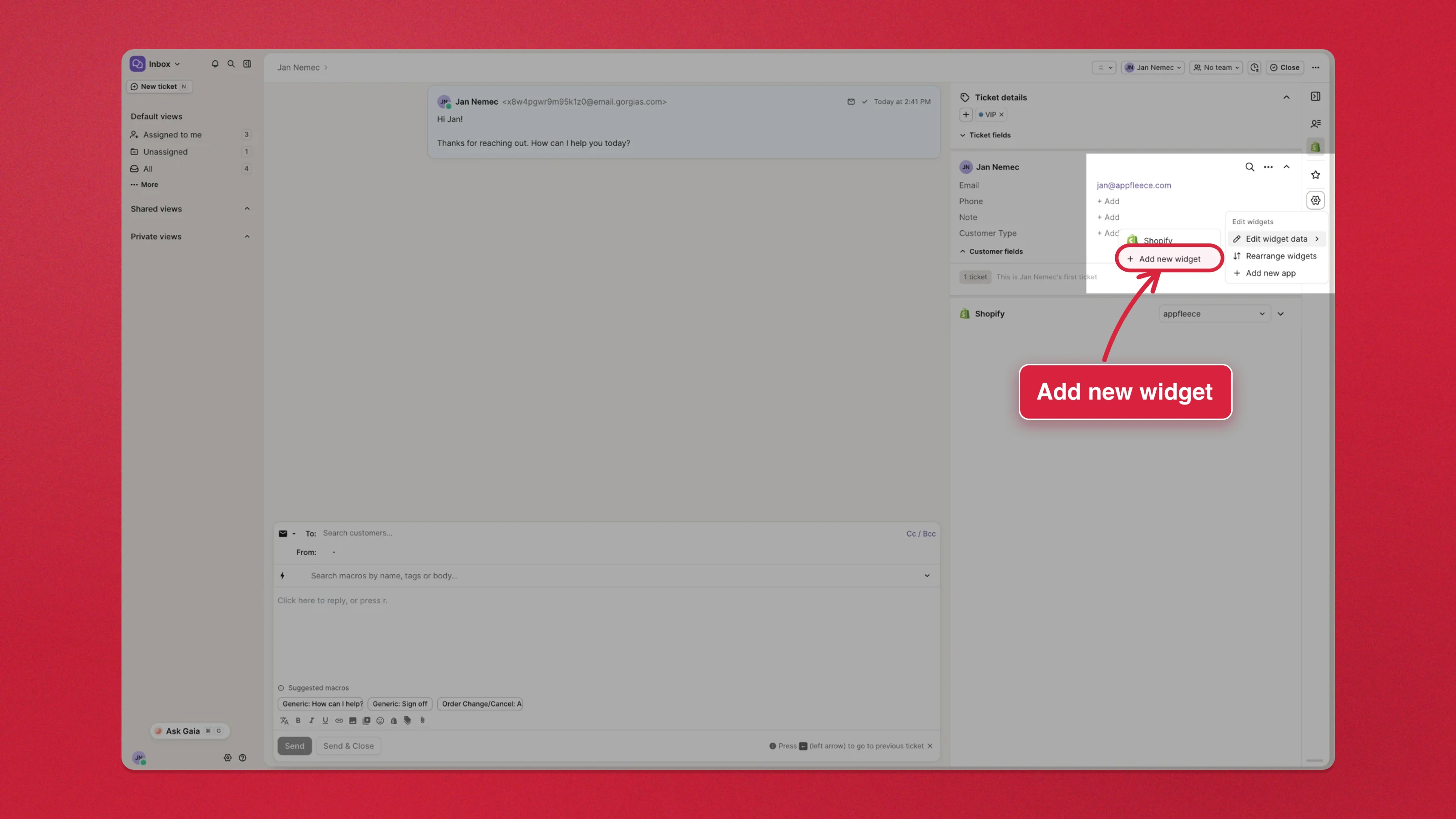 The Gorgias ticket sidebar gear menu, with Add new widget highlighted