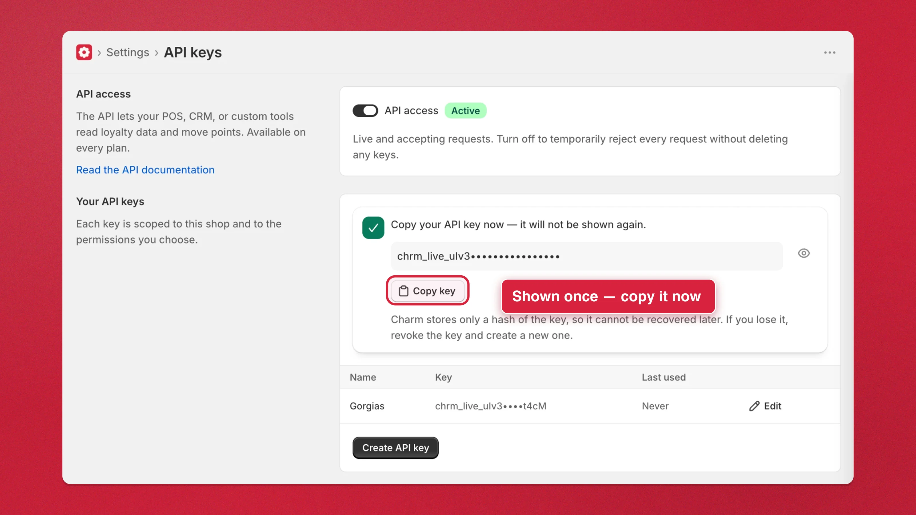 The new Gorgias key on the API keys page, with the Copy key button highlighted
