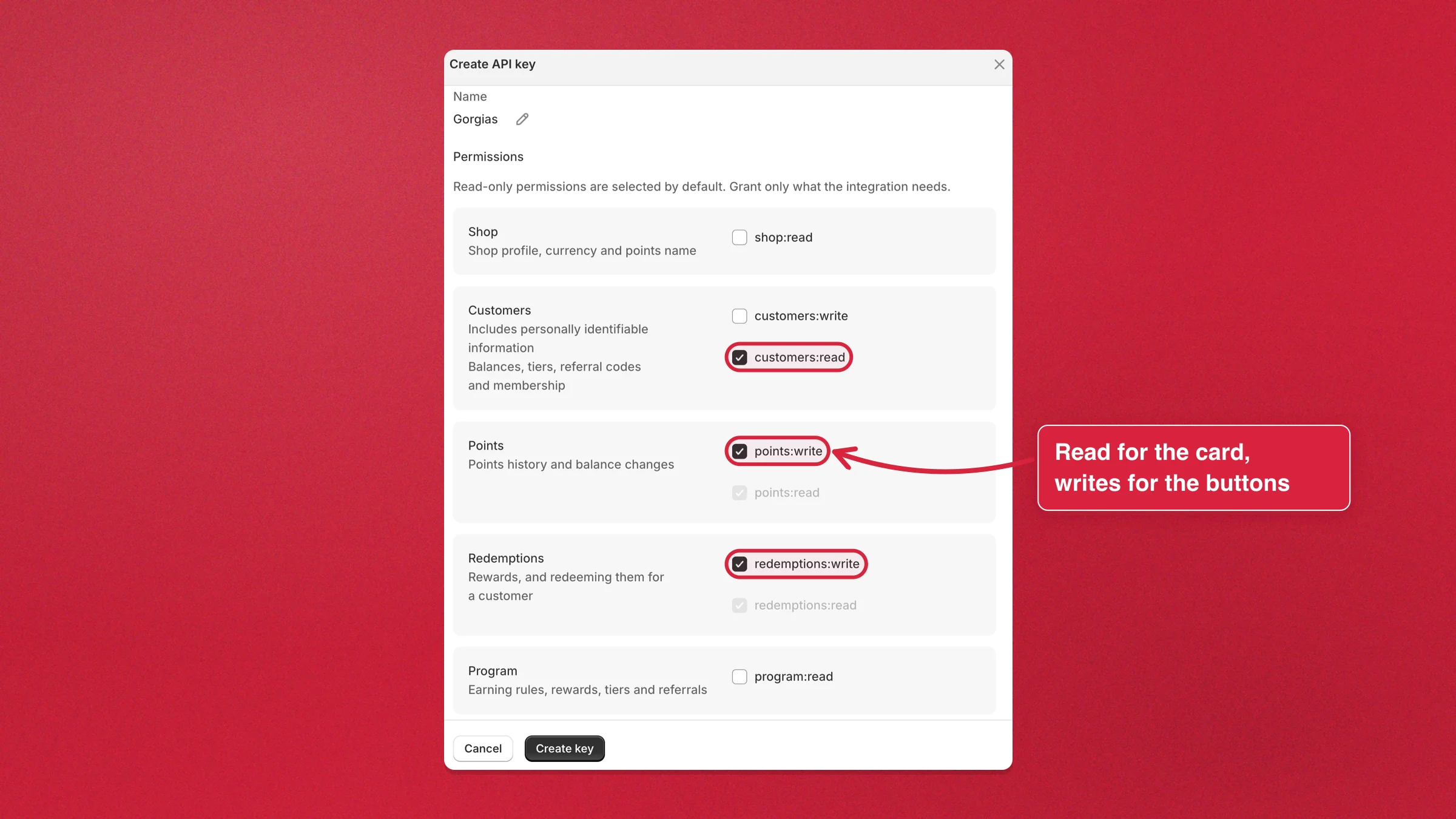 The Create API key dialog with customers, points and redemptions preselected