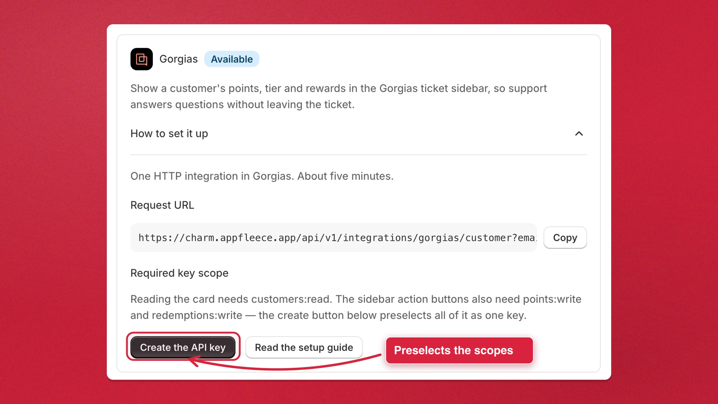 The Gorgias card in Charm settings, with the Create the API key button highlighted