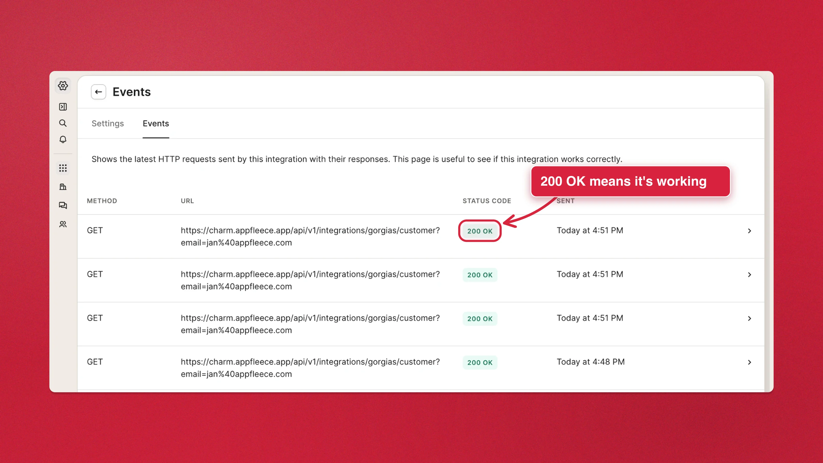 The Events tab of the Charm HTTP integration in Gorgias, listing GET calls that all returned 200 OK