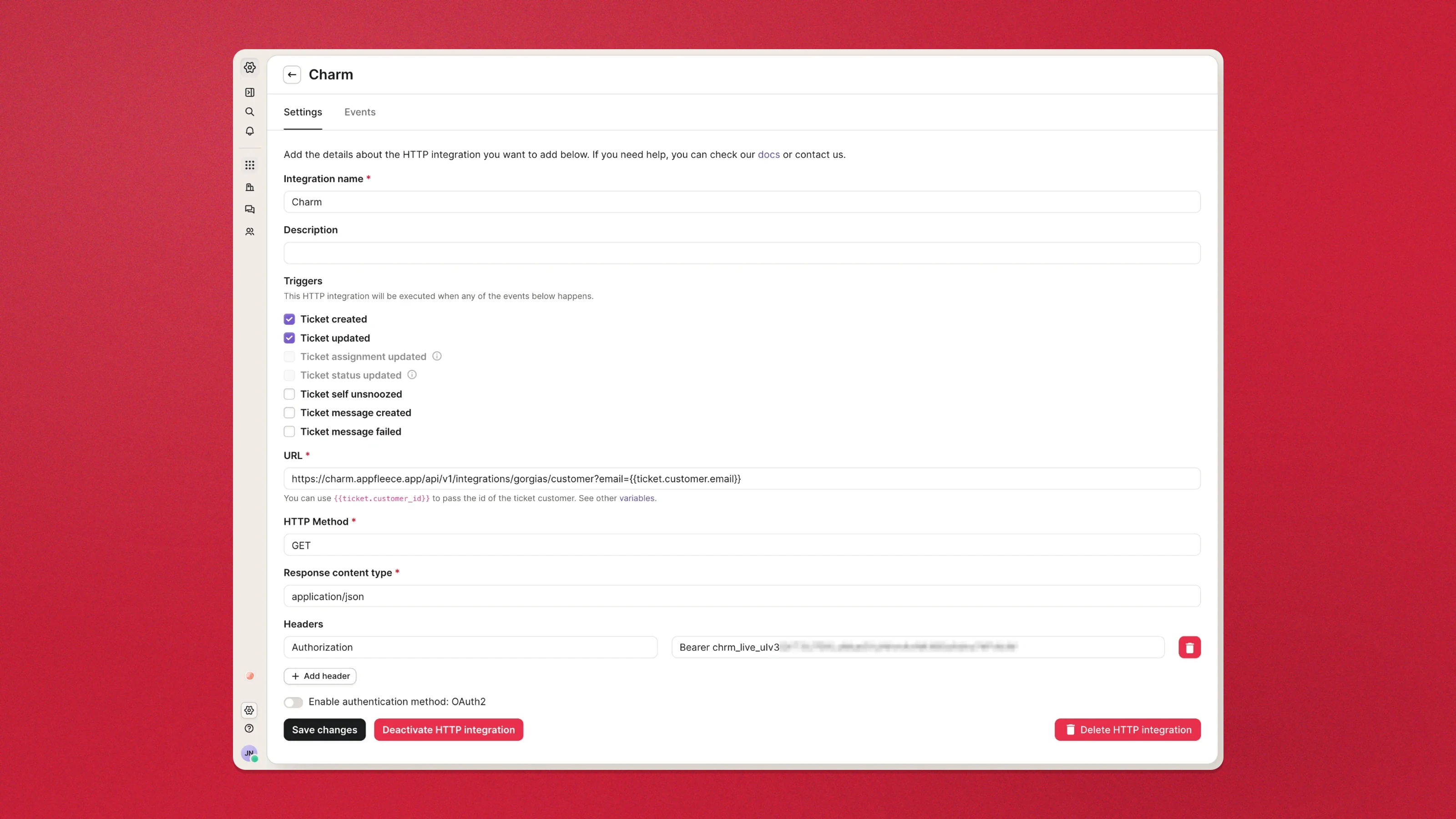 The Charm HTTP integration in Gorgias, filled in — two triggers ticked, the customer URL, GET, and the Authorization header