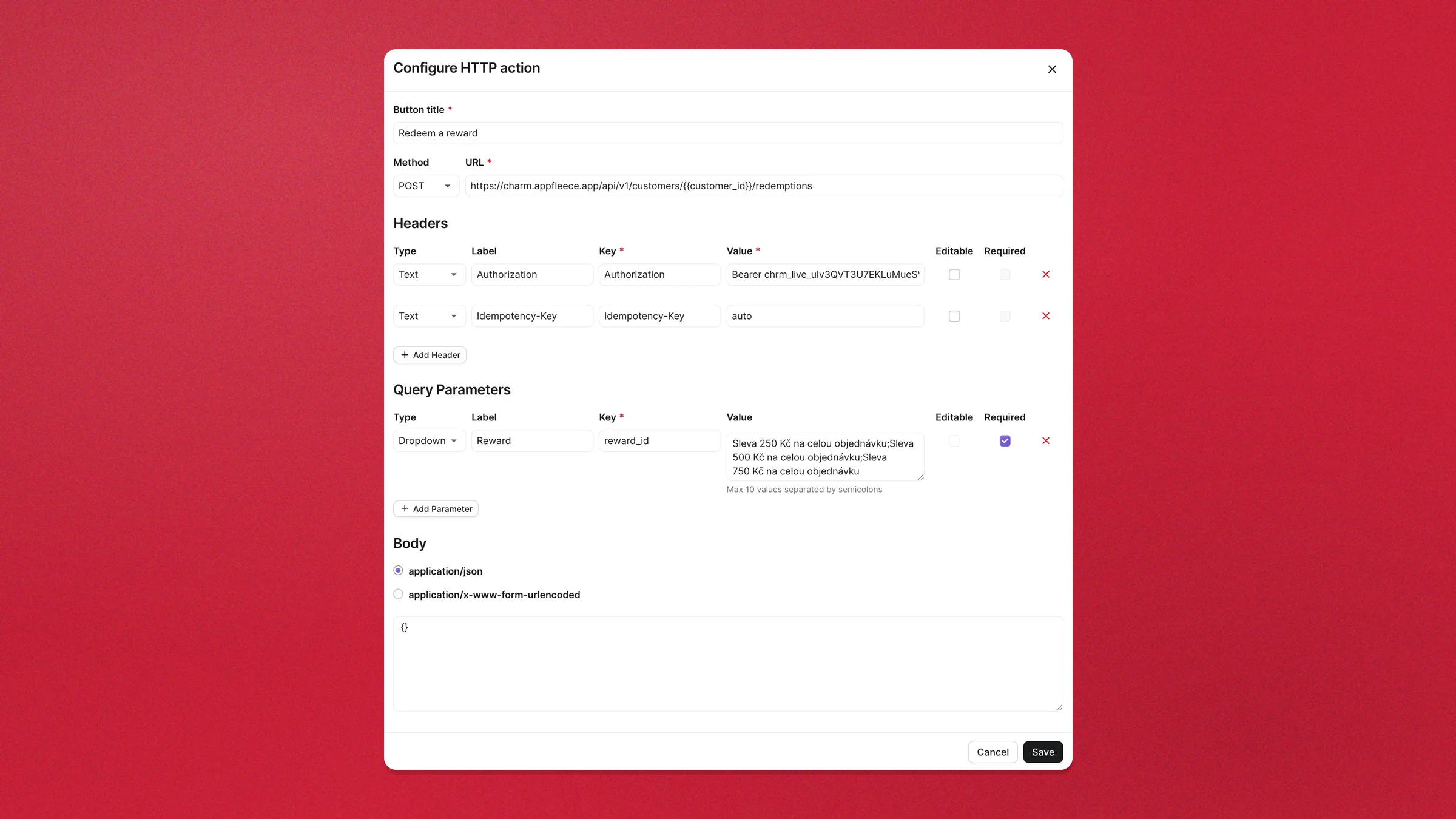The Configure HTTP action dialog for Redeem a reward — reward_id as a Dropdown holding the reward names
