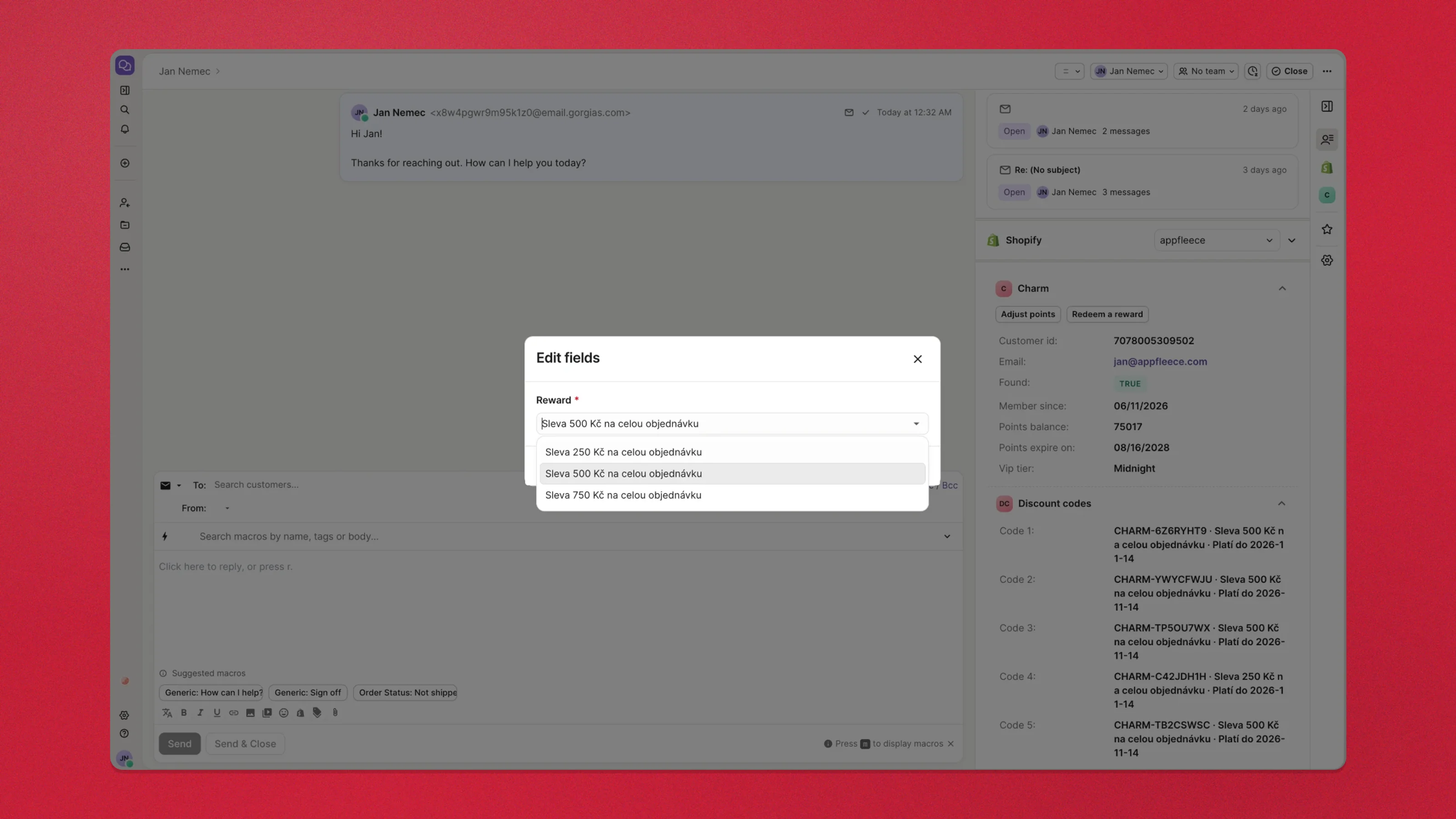 The Edit fields dialog an agent sees, with the reward dropdown open on three readable reward names