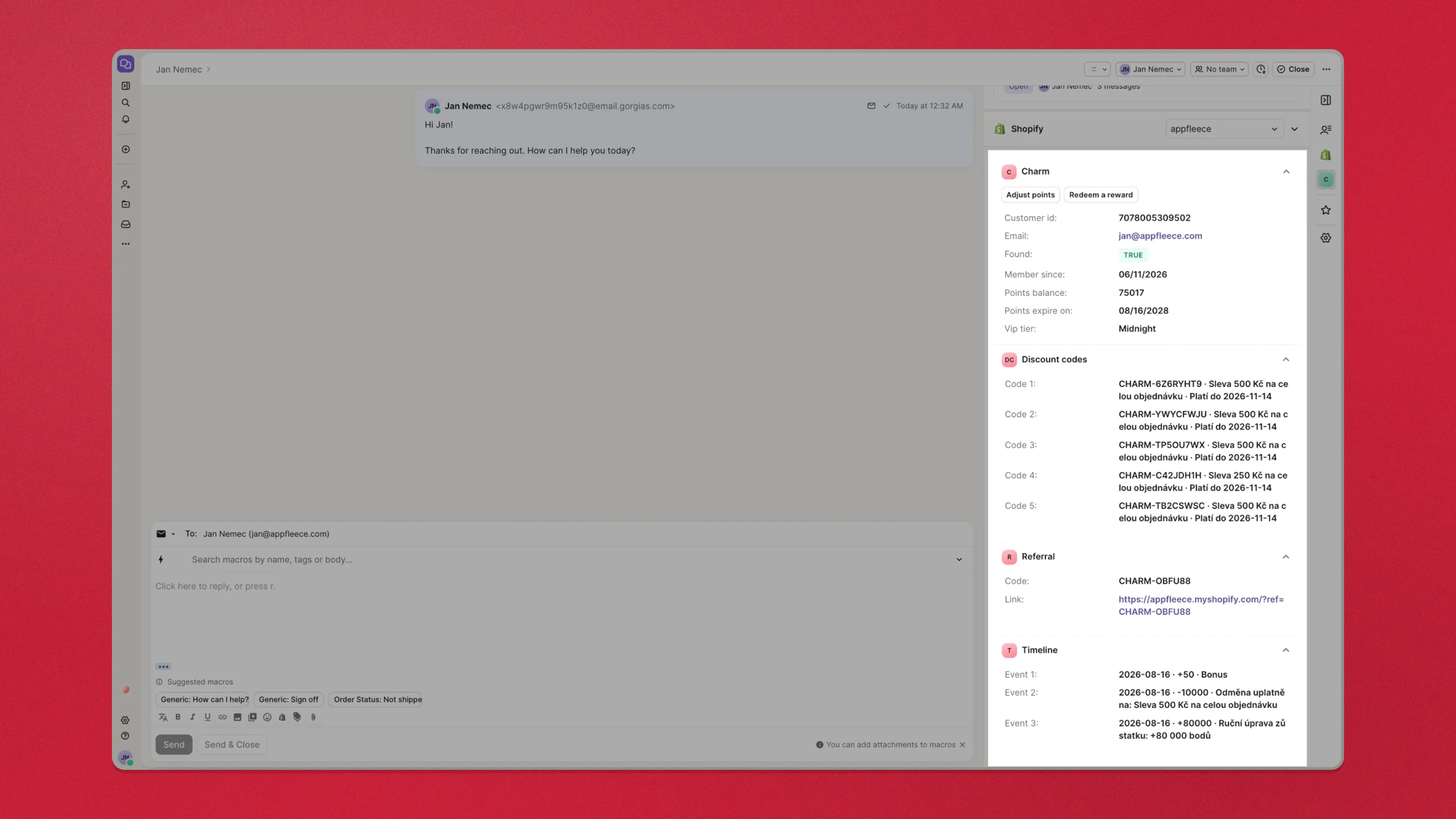 The finished Charm widget in a Gorgias ticket sidebar — the two action buttons above balance, tier, discount codes, referral link and timeline