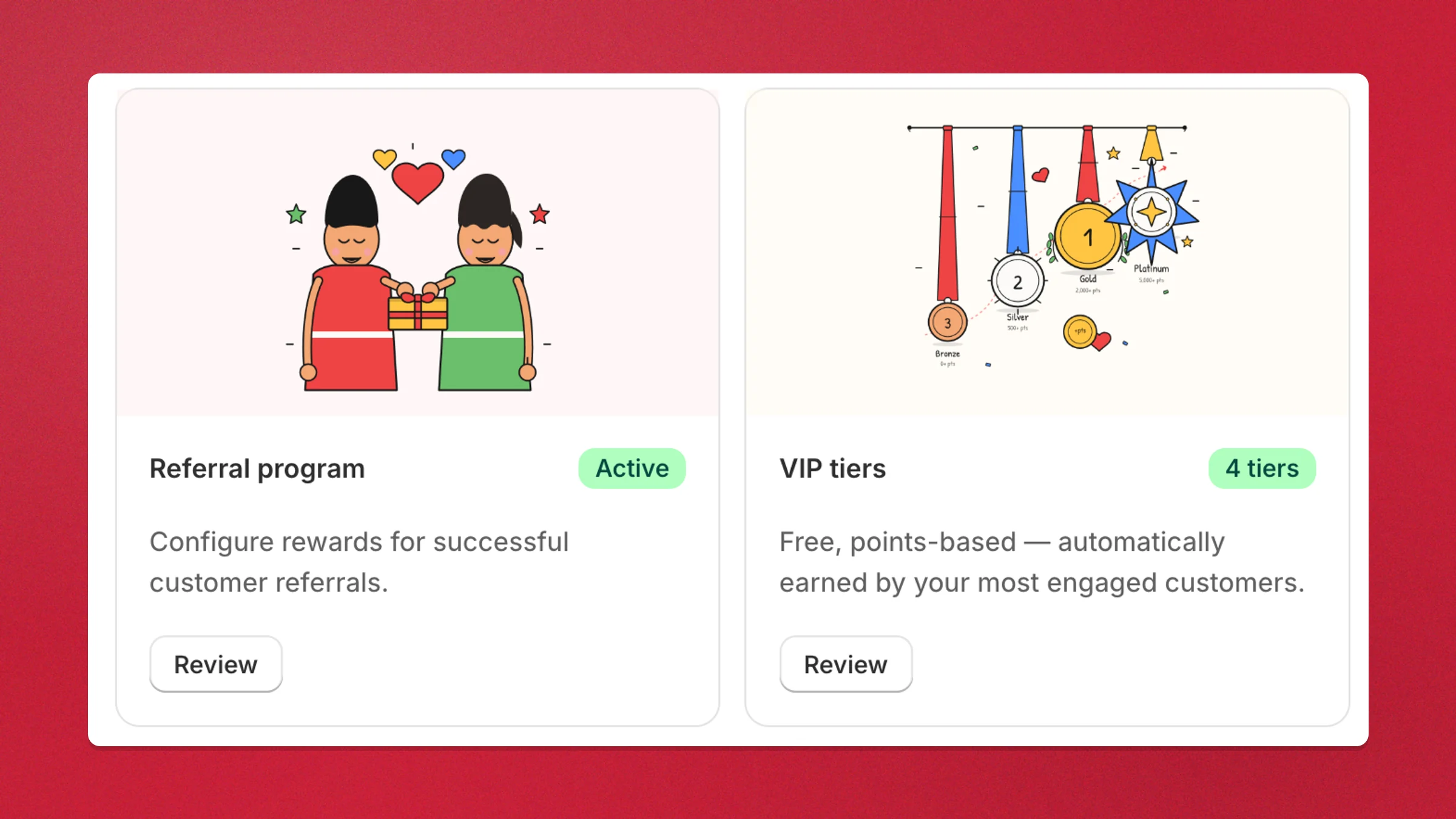 Charm's Referral program and VIP tiers, configured from the dashboard
