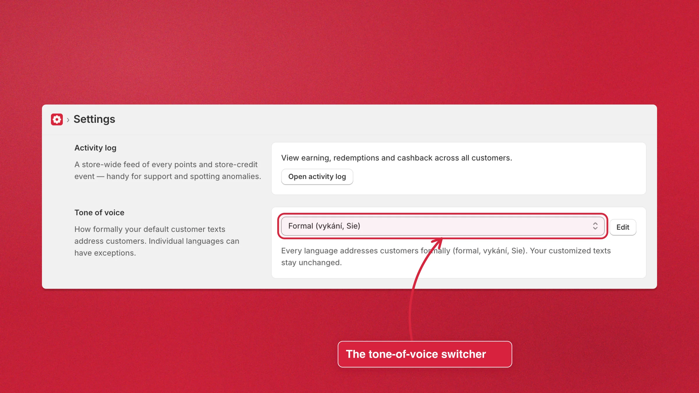 The tone-of-voice switcher on the Charm Settings page, set to Formal (vykání, Sie)