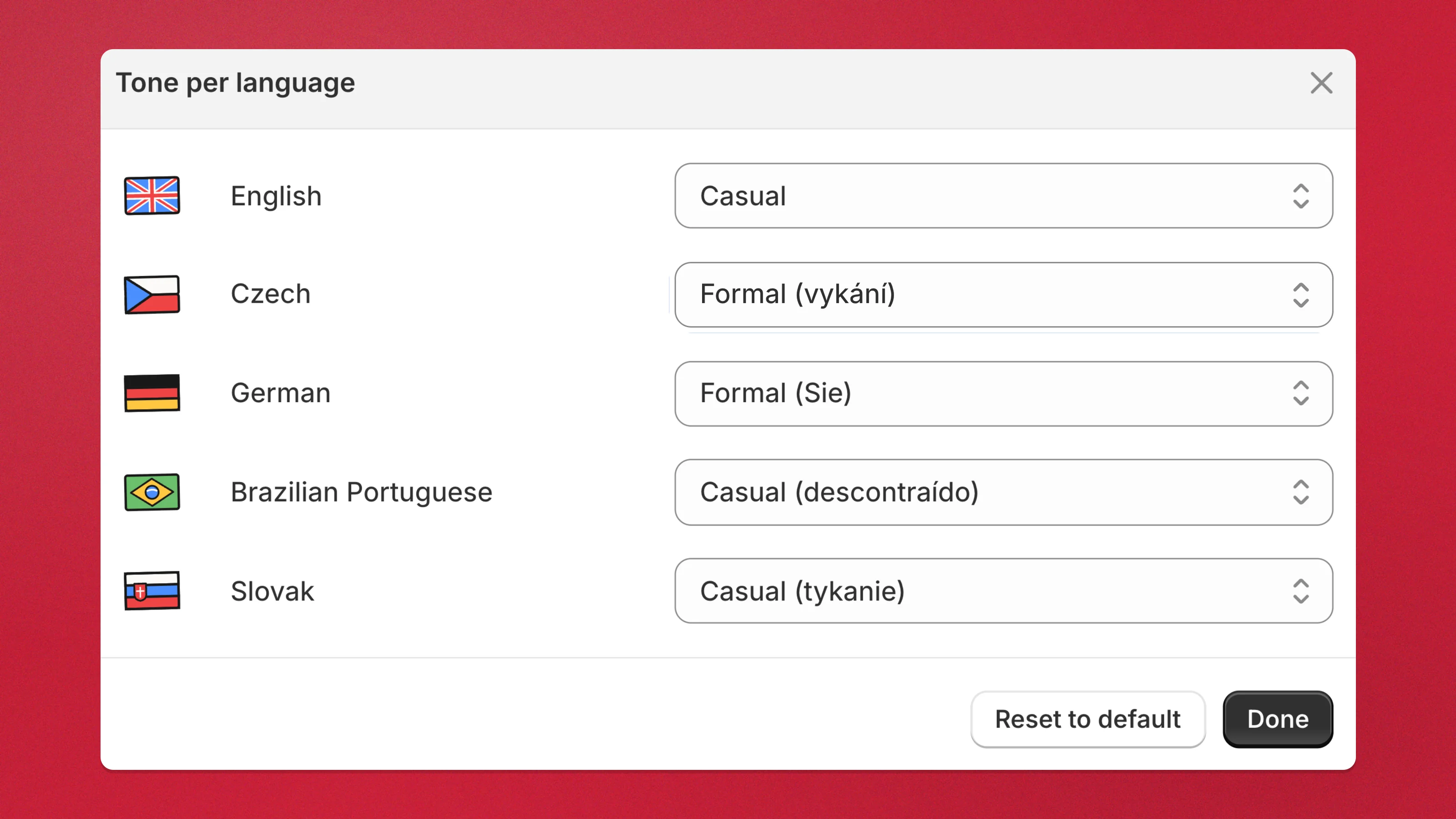 Setting a different tone of voice per language in Charm, with Czech on formal vykání and German on formal Sie while the rest stay casual