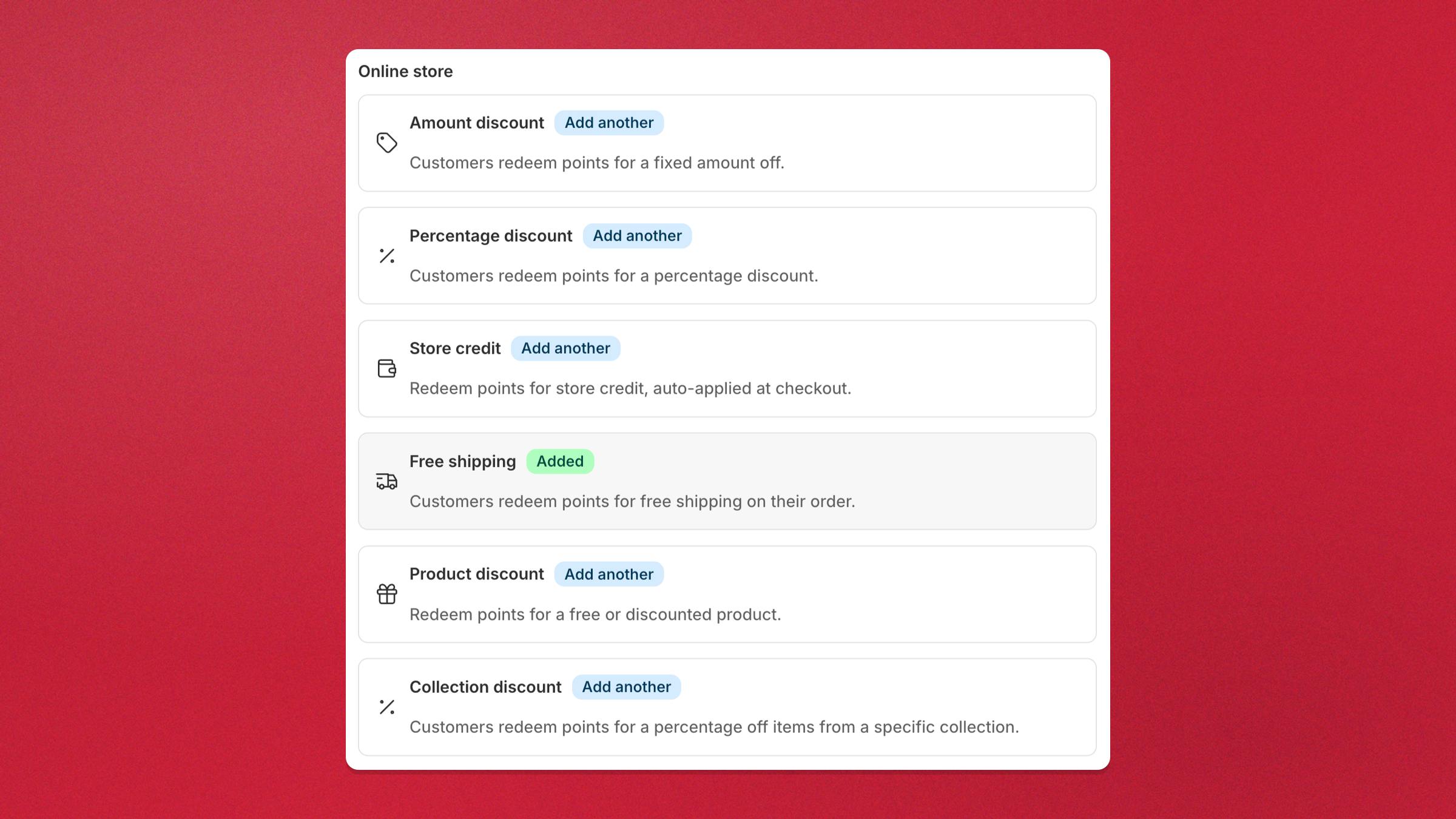 Charm's Ways to redeem reward types — amount, percentage, store credit, free shipping, product, and collection discounts