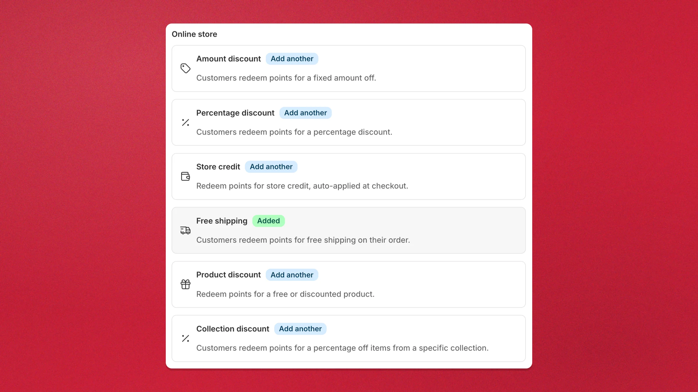 Charm's Ways to redeem reward types — amount, percentage, store credit, free shipping, product, and collection discounts